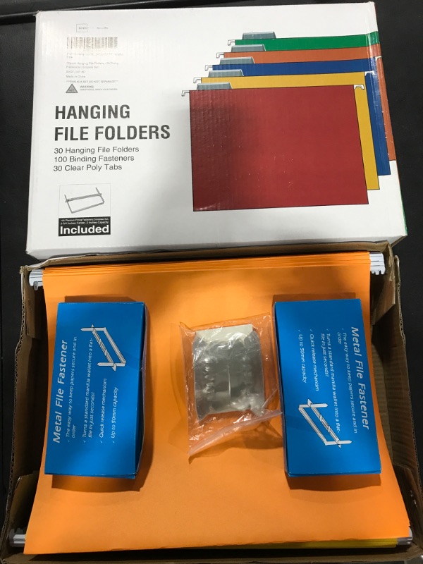 Photo 2 of Binditek 30 Pcs Hanging File Folders with tabs,100 Prong Fasteners Complete Set Included, 5 Assorted Colors Hanging Folders