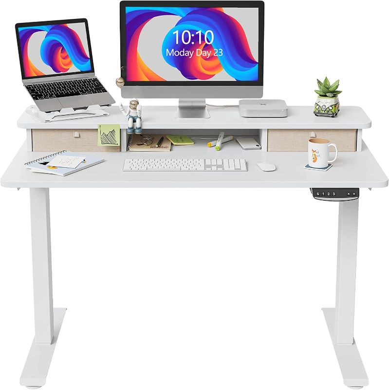 Photo 1 of FEZIBO Height Adjustable Electric Standing Desk with Double Drawer, 48 x 24 Inch Stand Up Table with Storage Shelf, Sit Stand Desk with Splice Board, White Frame/White Top
