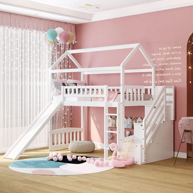 Photo 1 of * INCOMPLETE* Actual Wood Twin Loft Bed with Slide for Kids, House Loft Bed with Pitched RoofGuardrails3 StairsLadder2 Storage Drawers.X (White+Wood+Twin LOFT Bed)
