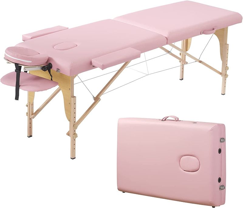 Photo 1 of *DAMAGED* Prilinex Portable Folding Massage Table - 2 Sections Massage Bed Spa Table with Carrying Bag, Face Cradle, Armrest & Hand Pallet - Easy Set Up, Lightweight, Height Adjustable 24" to 33" Pink
