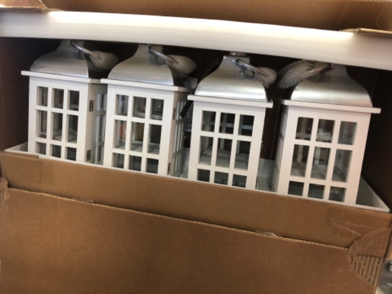 Photo 1 of 14" white wood and steel lanterns 4 pack