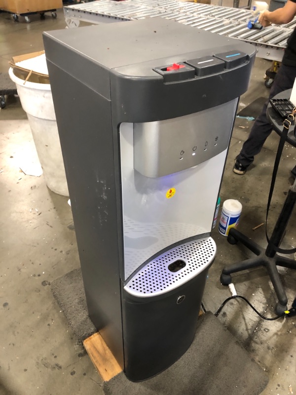 Photo 3 of USED: GE Bottom-Loading Tri-Temperature Water Dispenser | 5 Gallon Water Cooler for Home or Office | 3 Temperature Settings | Taller 13" Dispenser Height | No Lift Bottom Loading | LED Light | Charcoal 13.6 x 12.2 x 43.15 inches

