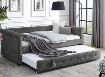 Photo 1 of **box one only** Daybed with Trundle Upholstered Tufted Sofa Bed, with Button and Copper Nail on Arms?both Twin Size, Grey?85.5“x42”x30.5“?
