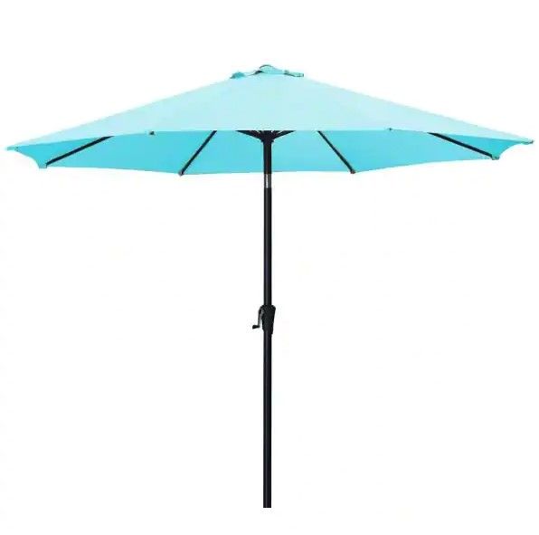 Photo 1 of 11 ft. Market Outdoor Patio Umbrella with Push Button Tilt and Crank in Blue
