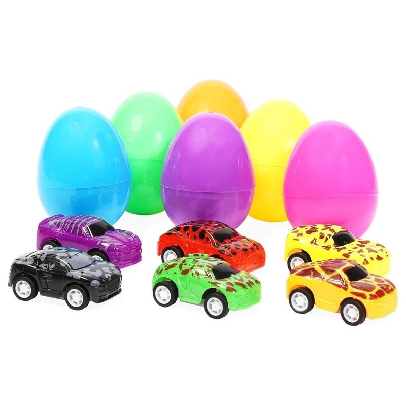 Photo 1 of 24 Packs Pre Filled Easter Eggs with Mini Pull Back Car Toys, Prefilled Plastic Egg for Easter Basket Stuffer Fillers Eggs Hunt Themed Parties Favors
