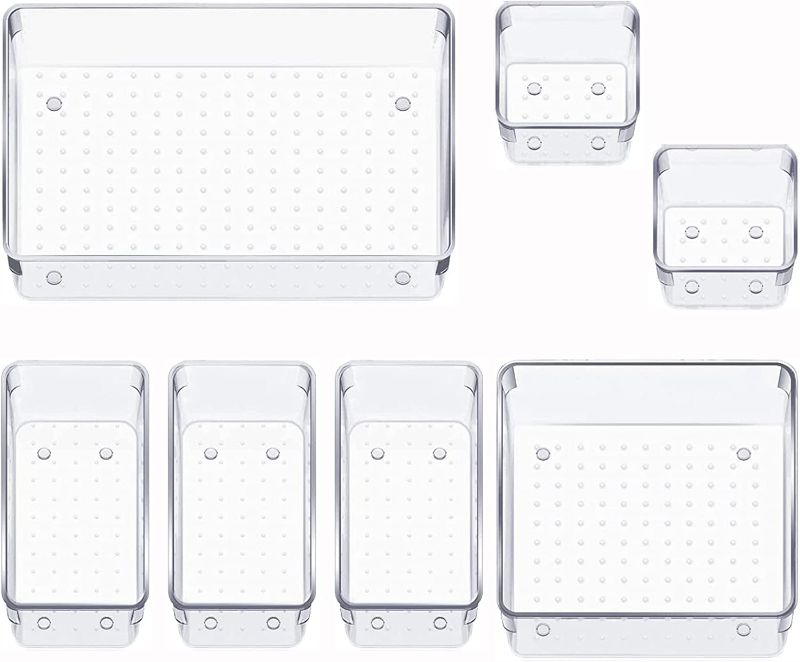 Photo 1 of 7 Pack Drawer Organizer 4-Size Desk Drawer Organizer Trays Storage Tray for Makeup, Jewelries, Utensils in Bedroom Dresser, Office and Kitchen, Clear
