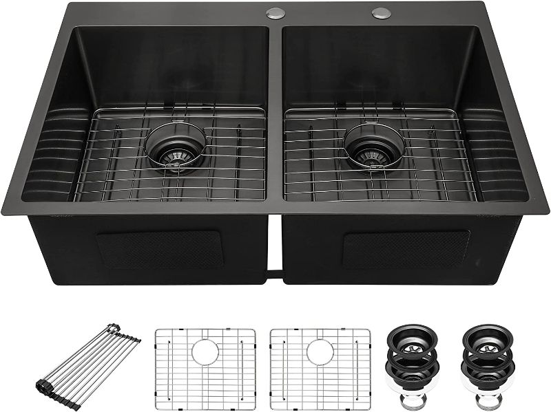 Photo 1 of 33 Inch Drop-in Kitchen Sink - Beslend 33”x22”x10” Stainless Steel Gunmetal Black Topmount Kitchen Sink 16 Gauge 10 Inch Deep 50/50 Double Bowl Kitchen Sink Basin
