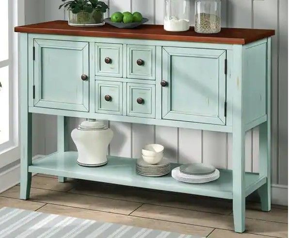 Photo 1 of 46 in. L Light Blue Wood Rectangle Console Table with Bottom Shelf
