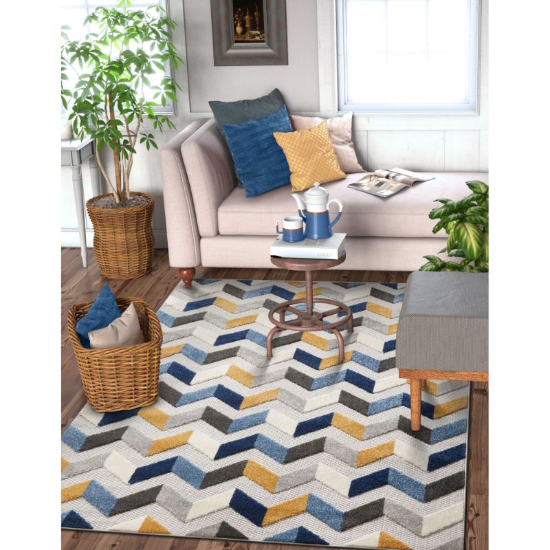 Photo 1 of (DAMAGED)Well Woven Dorado Bela 7 Ft. 10 in. X 9 Ft. 10 in. Modern Geometric Chevron Blue High-Low Indoor/Outdoor Area Rug
