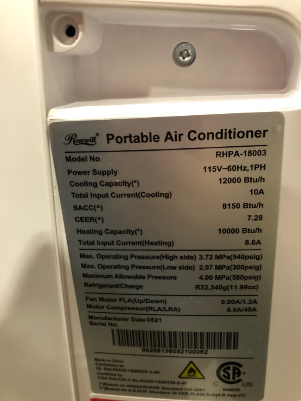 Photo 4 of (NON FUNCTIONAL) Rosewill RHPA-18003 Portable Air Conditioner with Dehumidifier & Heater