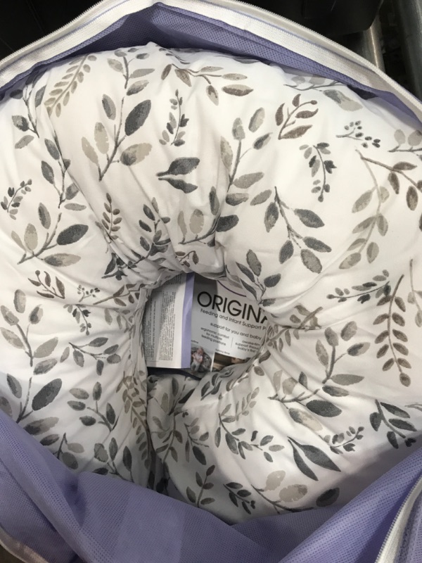 Photo 2 of Boppy Nursing Pillow and Positioner—Original | Gray Taupe Watercolor Leaves | Breastfeeding, Bottle Feeding, Baby Support | with Removable Cotton Blend Cover | Awake-Time Support