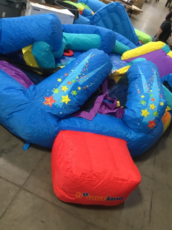 Photo 1 of Bounceland Pop Star Inflatable Bounce House Bouncer, Large Bouncing Area with Long Slide, Climbing Wall, Basketball Hoop, UL 1HP Blower Included, 15 ft x 13 ft x 8.3 ft H, Pop Star Kids Party Theme

*Minor damage*
