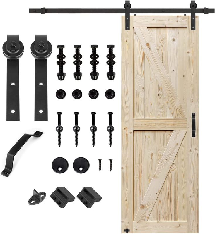 Photo 1 of 32 in. x 84 in. Unfinished British Brace Knotty Barn Door with 6.6FT Sliding Door Hardware Kit/Solid Wood/Sliding Door/Double Surfaces