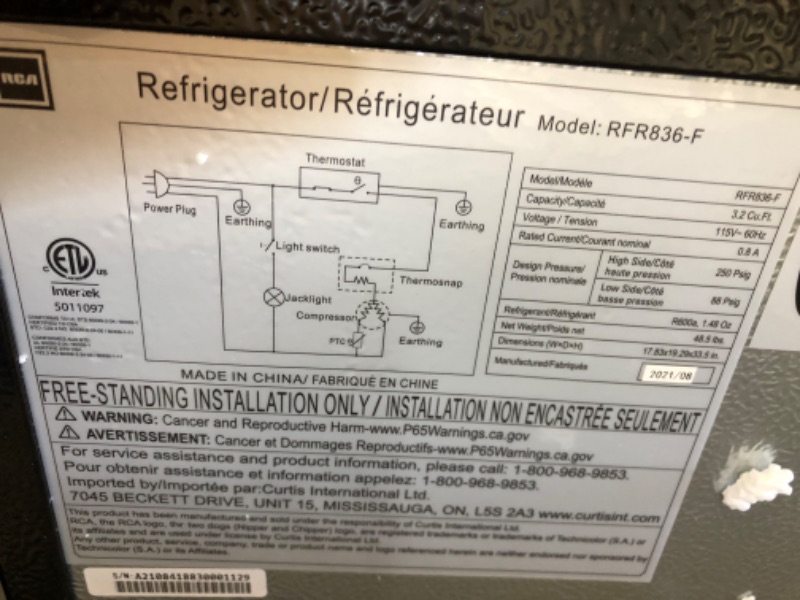 Photo 4 of DAMAGED, RCA RFR836 3.2 Cu Ft 2 Door Fridge and Freezer, Stainless Steel
