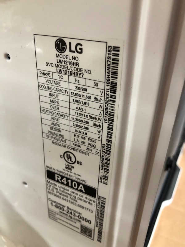 Photo 2 of (DAMAGED)LG LW1216HR 11,500/12,000 230V Window-Mounted Air Conditioner with 9,200/11,200 BTU Supplemental Heat Function, 12000, White

