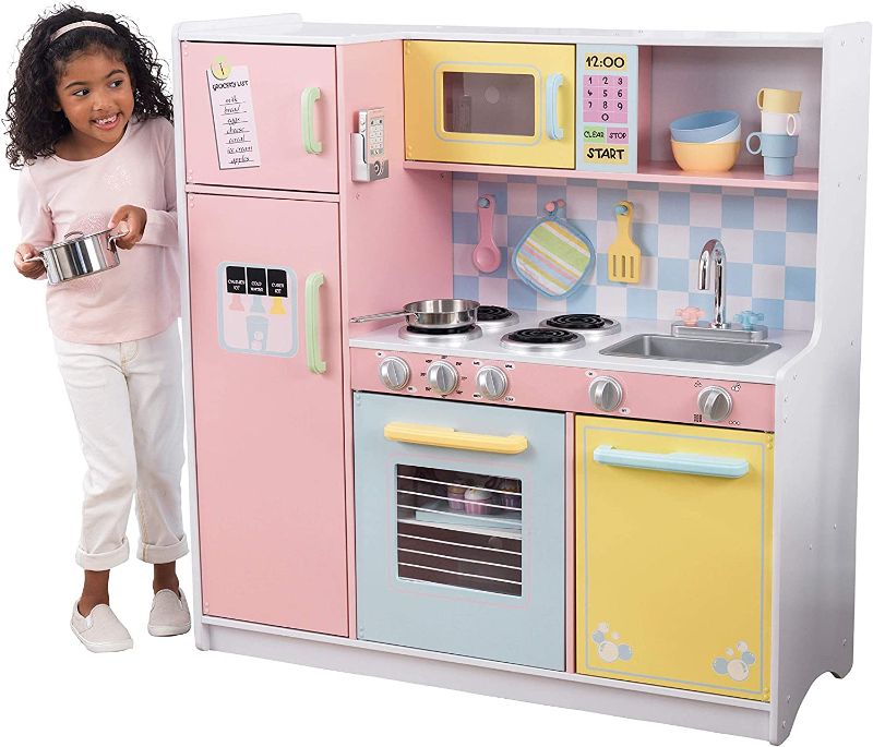 Photo 1 of KidKraft KidKraft Wooden Large Pastel Play Kitchen with Turning Knobs, See-Through Doors and Play Phone, Gift for Ages 3+ 42.30 x 17.60 x 43.00 Inches
