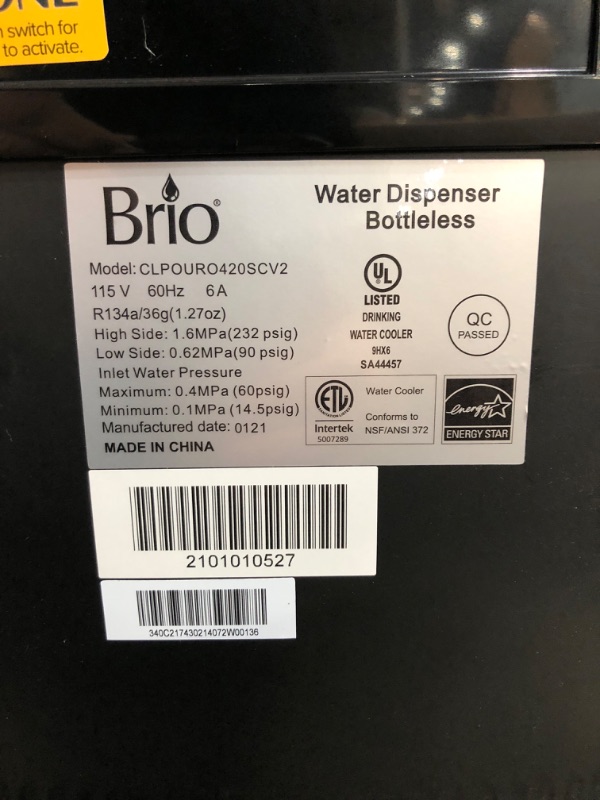 Photo 3 of TESTED POWERS ON*
Brio Self Cleaning Bottleless Water Cooler Dispenser, UL/Energy Star, Stainless Steel, Point of Use Drinking Water Filter, Hot, Cold, and Room Temperature
