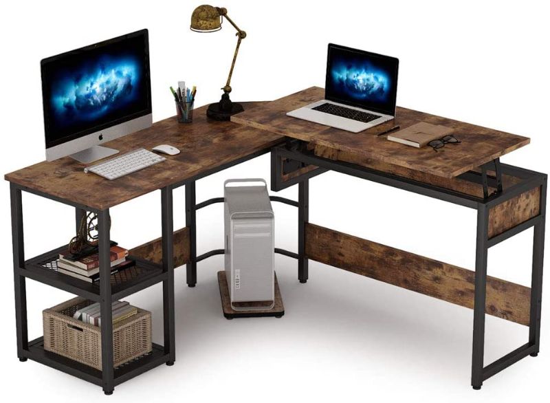 Photo 1 of ***INCOPLETE*** Tribesigns L Shaped Desk with Lift Top, Modern Sit to Stand Corner Computer Desk with Storage Shelves, Rustic Height Adjustable Standing Desk Workstation for Home Office (Rustic Brown)
