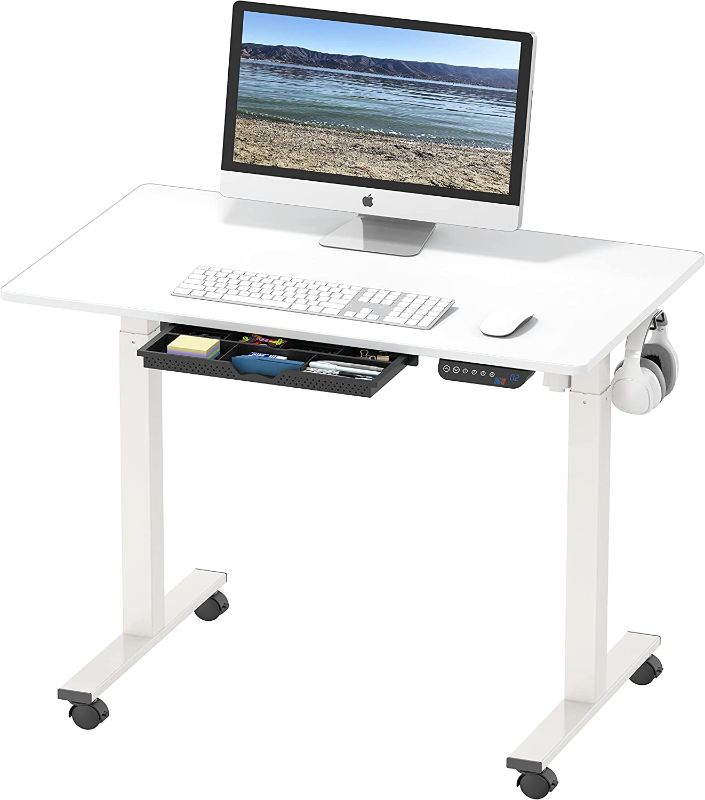 Photo 1 of DAMAGED**
SHW Electric Height Adjustable Mobile Standing Desk Workstation with Storage Drawer, 40 x 24 Inches, White
