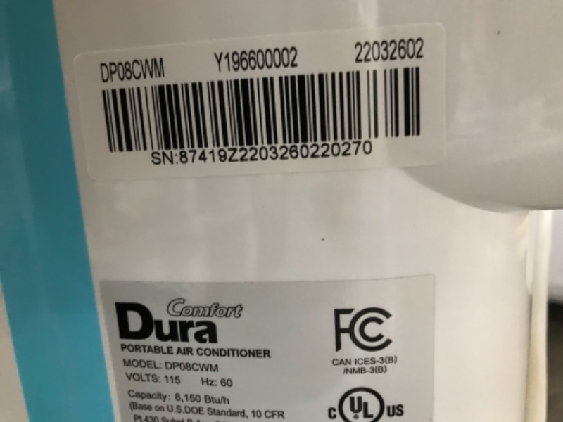 Photo 4 of TESTED POWERS ON*
DuraComfort Smart Portable Air Conditioners, 12000 BTU(Ashrae) /8150 BTU (SACC) Quiet AC Unit, Built-in Dehumidifier and Fan Modes, Mobile App, Cools up to 450 Sq. Ft, White
