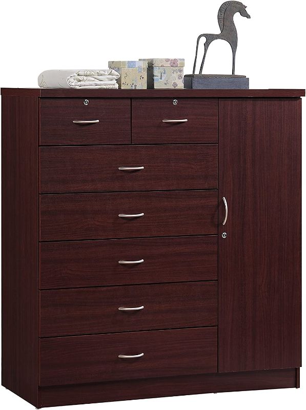 Photo 1 of ***BOX 2 OF 2*** Hodedah 7 Drawer Jumbo Chest, Five Large Drawers, Two Smaller Drawers with Two Lock, Hanging Rod, and Three Shelves | Mahogany
