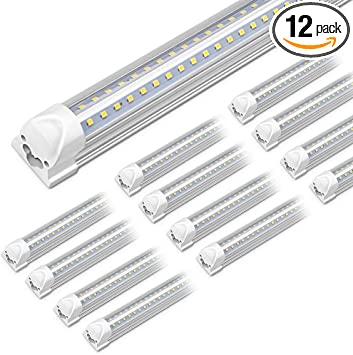 Photo 1 of (12-Pack) Kihung 8ft LED Shop Light Fixture, 75W, 9750lm, 6000K, 96'' T8 Integrated LED Tube, 8 Foot Linkable LED Bulbs for Garage, Warehouse, V Shape, 8’ LED Strip, Clear Lens, Hardwired Installation
