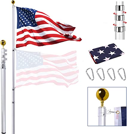 Photo 1 of 25FT Telescoping Flag Pole Kit, Extra Thick Heavy Duty Telescopic Flagpole Fly 2 Flags, Outdoor Aluminum Inground Flag Poles with 3x5 American Flag, Golden Ball Top for Residential,Yard or Commercial
