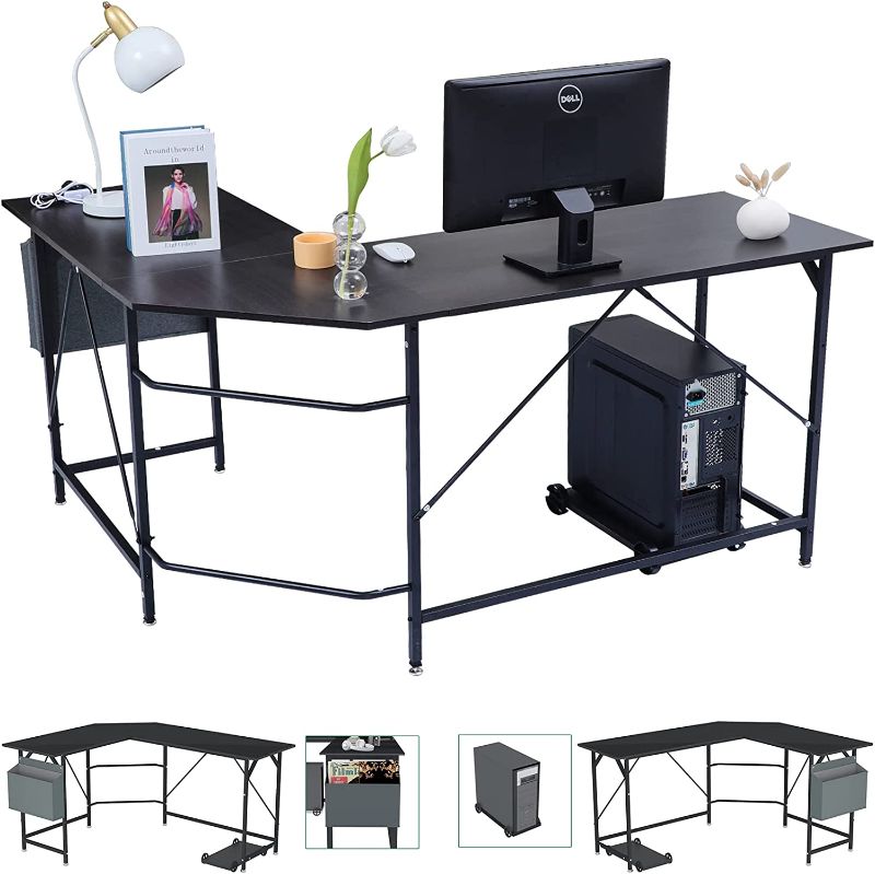 Photo 1 of INCOMPLETE!! SZXKT L Shaped Desk Home Office Corner Desk Computer Table Sturdy Gaming Desk Wooden Table Workstation Reversible Modern Simple Multi-Usage Desk with Storage Bag Space-Saving Writing Desk?Black?
*MISSING COMPONENTS/HARDWARE *