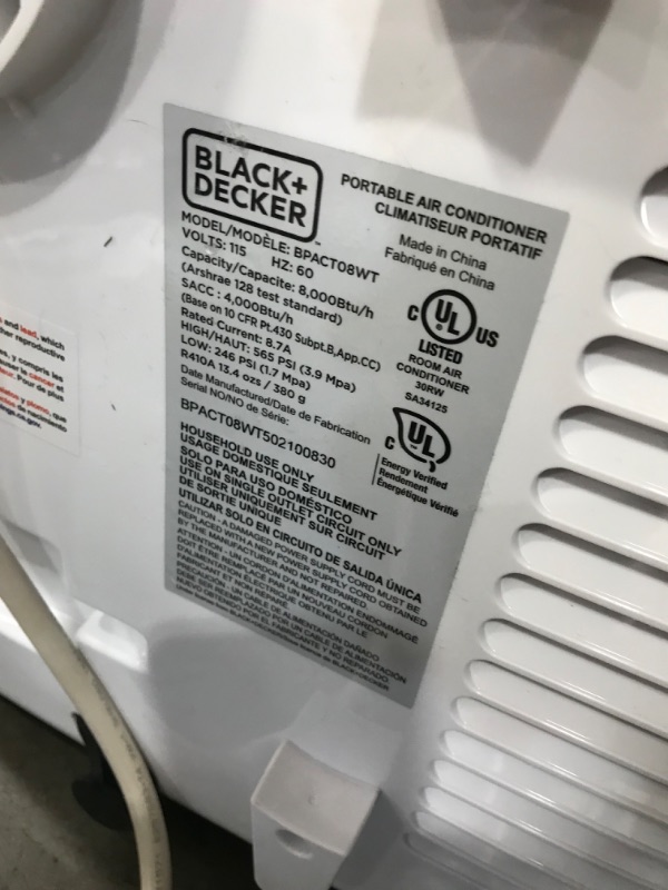Photo 8 of (DAMAGE)BLACK+DECKER 8,000 BTU Portable Air Conditioner with Remote Control, White
**CRACKED OPEN ON SIDE, CAN BE FIXED**