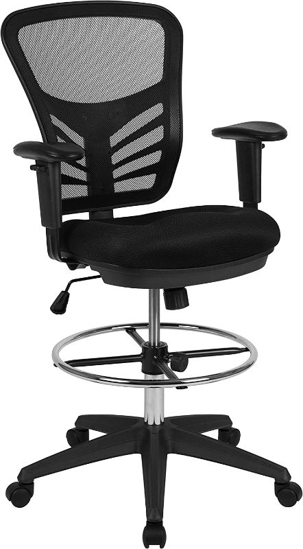 Photo 1 of Flash Furniture Mid-Back Black Mesh Ergonomic Drafting Chair with Adjustable Chrome Foot Ring, Adjustable Arms and Black Frame
