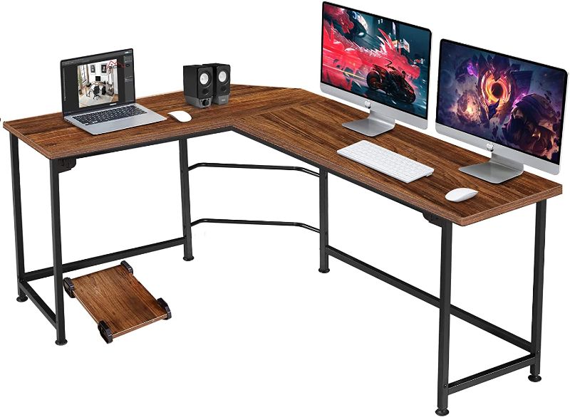 Photo 1 of VECELO Modern Large Corner Computer Desks L-Shaped with CPU Stand/PC Laptop Study Writing Table Workstation for Home Office Wood & Metal, 66.3X18.9 inch, Walnut
