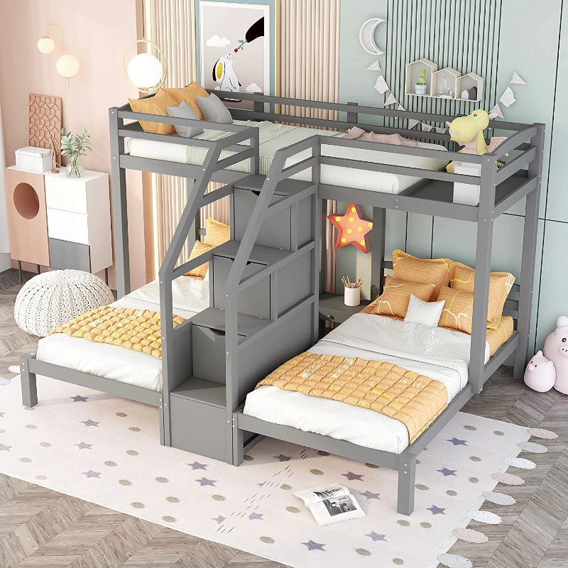 Photo 1 of *** INCOMPLETE SET *** Wood Triple Bunk Bed Frame with Built-in Staircase, Drawers, and Guardrails, No Box Spring Needed, Twin, Gray.
