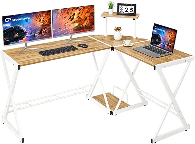 Photo 1 of GreenForest L Shaped Desk 58 inch, Reversible Corner Computer Gaming Desk with Large Monitor Stand and CPU Stand, Home Office Desk Workstation, Space Saving, White and Oak
