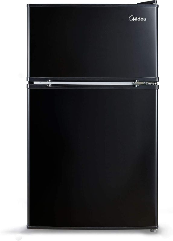 Photo 1 of **DAMAGED*** Midea WHD-113FB1 Double Door Mini Fridge with Freezer for Bedroom Office or Dorm with Adjustable Remove Glass Shelves Compact Refrigerator, 3.1 cu ft, Black
