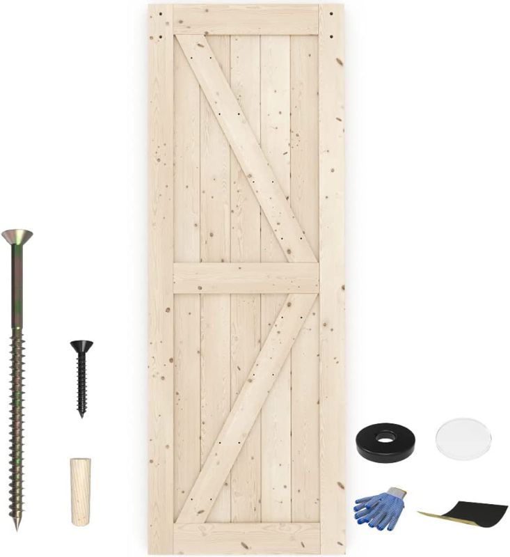 Photo 1 of ZEKOO 30in x 84in Classic Style Sliding Barn Door Slab, Solid Spruce Wood Barn Door Unfinished, Pre-drilled, Easy to DIY Assemble, Interior Barn Door Wood Panel
