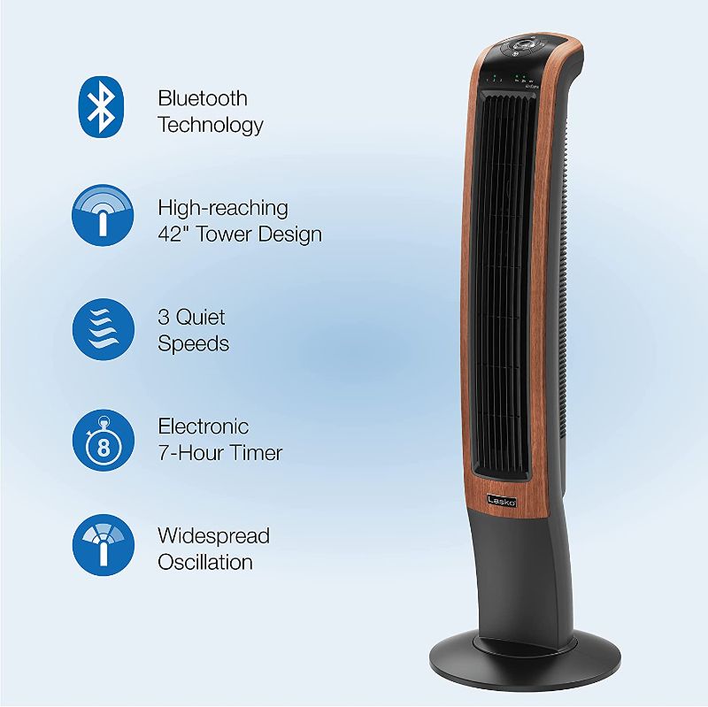 Photo 1 of Lasko Wind Curve Electric Oscillating Tower Fan with Bluetooth Technology 42", Blackwood T42905