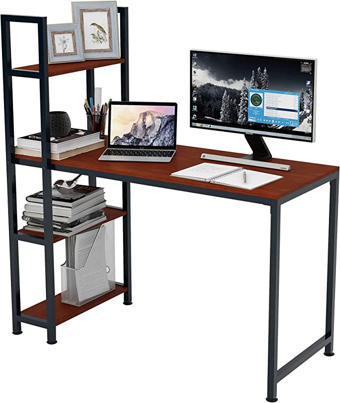 Photo 1 of Computer Desk with Shelves, Home Office Desk with 4 Tier Storage Shelves Studying Writing Desk Workstation with Hutch, Bookshelf and Tower Storage for Home Office(47” BLACK