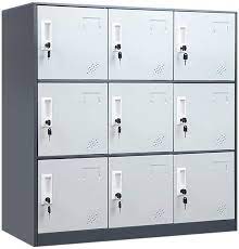 Photo 1 of (MAJOR BENDS/DENTS; SCRATCHED) WISUNO 9 Doors Metal Storage Cabinet with Card Slot, Organizer,Shoes and Bags Steel Locker for Office, Home, Bank, School, Gym (Gray)
