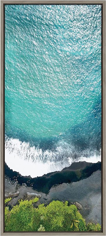 Photo 1 of (COSMETIC DAMAGES) Kate and Laurel Sylvie Maui Black Sand Beach 1 Framed Canvas Wall Art by Rachel Dowd, 18x40 Gray, Coastal Beach Home Décor
