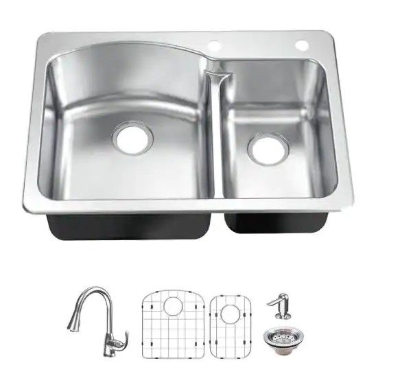 Photo 1 of 
Glacier Bay All-in-One Drop-in/Undermount 18G Stainless Steel 33 in. 2-Hole Double Bowl Kitchen Sink with Pull-Down Faucet