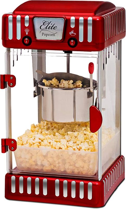 Photo 1 of Elite Gourmet EPM-250 2.5 Ounce Classic Carnival Tabletop Kettle Popcorn Popper Machine, Retro-Style, Movie Hot Buttered Popcorn, Red
