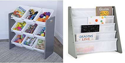 Photo 1 of Humble Crew, Grey/White Toy Organizer, 9 Bin Storage, 24" Tall & Crew Kids Book Rack Storage Bookshelf, Grey/White
