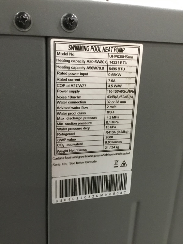 Photo 3 of (DAMAGE)DOEL 11800 BTU Mini Swimming Pool Heat Pump for Above-Ground Pools, 3.45 kW Electric Pool Heater with Titanium Heat Exchanger, 110V 60Hz
**POWER CORD DAMAGED, UNABLE TO TEST/POWER ON, DENT**