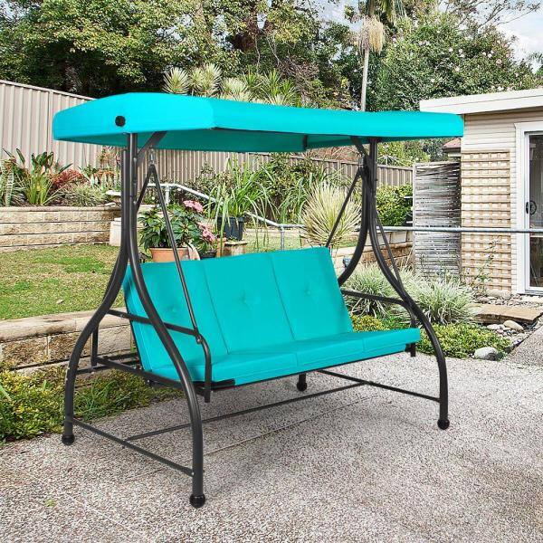 Photo 1 of 3-Person Steel Frame Outdoor Patio Porch Swing Hammock with Canopy and Turquoise Cushions
