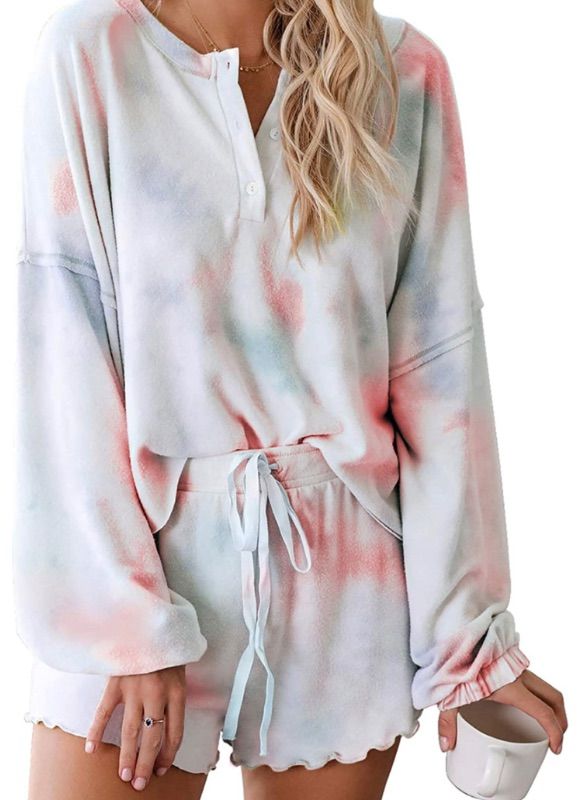 Photo 1 of BTFBM Women Pajamas Tie Dye Print Long Sleeve Shirt Elastic Drawstring Shorts Pant PJ Set Sleepwear Loungewear Nightgown S