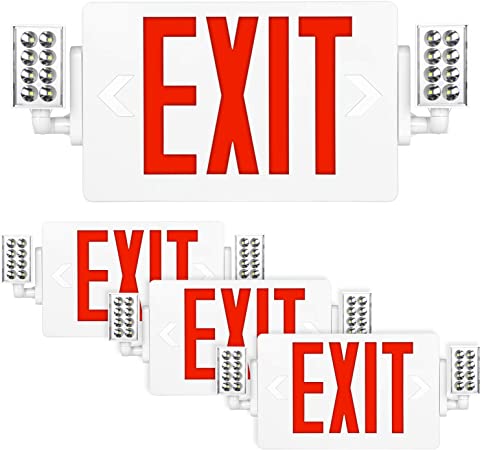 Photo 1 of Red Exit Sign, 120-277V Double Face LED Combo Emergency Light with Adjustable Two Head and Backup Battery - 4 Pack
