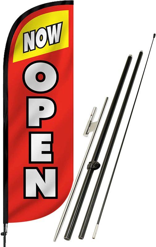 Photo 1 of  Open Themed 5-Feet Tall Feather Flag Banner for Business Advertising, Complete Set with Aluminum Fiberglass Pole Set and Ground Spike
