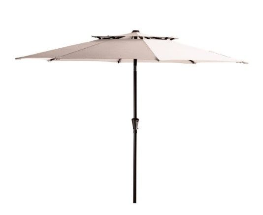 Photo 1 of 9FT Two Layer Wind Vent Patio Market Umbrella with Push Button and Tilt Crank Lifting in Beige
