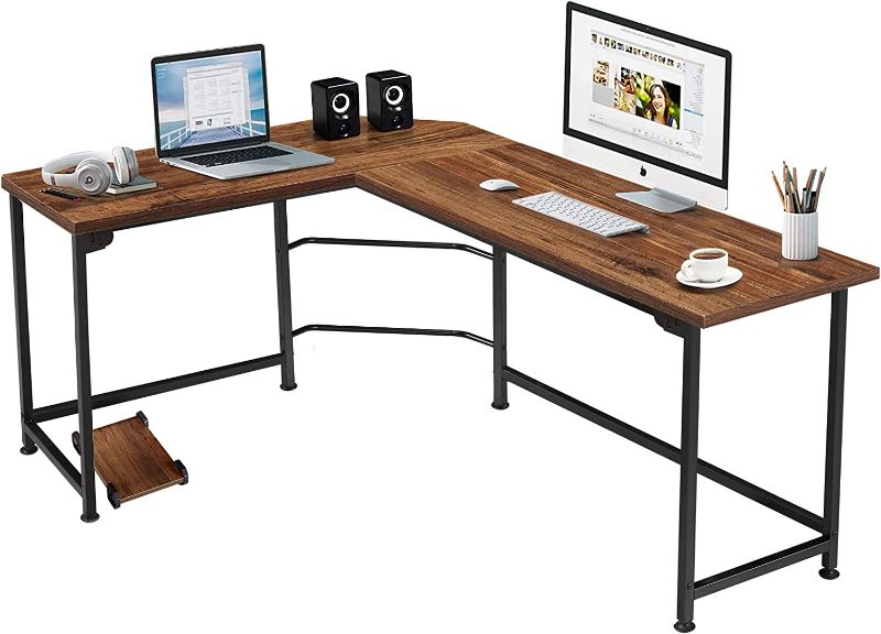 Photo 1 of VECELO Corner Computer Desk Laptop Study Writing Table 68“ Workstation for Home Office Wood & Metal, Standard, Dark Walnut+Black Leg
