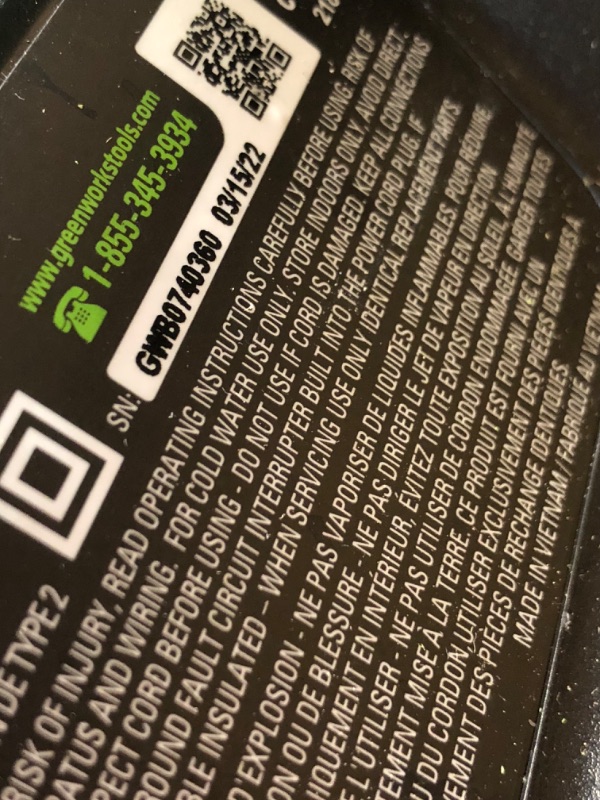 Photo 6 of ** used, loose hardware*** minor cosmetic damage***
Greenworks 3000 PSI (2.0 GPM) TruBrushless Electric Pressure Washer (PWMA Certified)